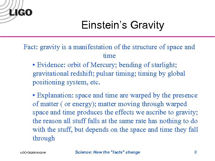 Einstein’s Gravity Fact: gravity is a manifestation of the structure of space and time