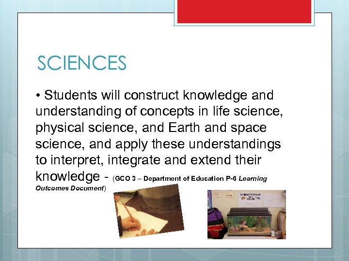 SCIENCES • Students will construct knowledge and understanding of concepts in life science, physical