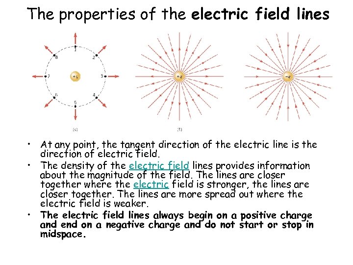 The properties of the electric field lines • At any point, the tangent direction