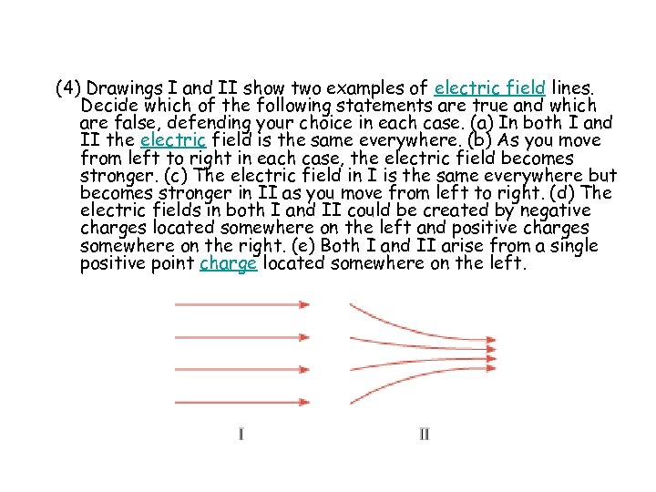 (4) Drawings I and II show two examples of electric field lines. Decide which