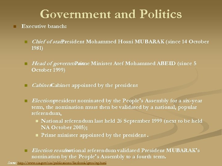 Government and Politics n Executive branch: n Chief of state: President Mohammed Hosni MUBARAK