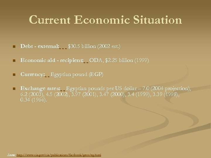 Current Economic Situation n Debt - external: $30. 5 billion (2002 est. ) n