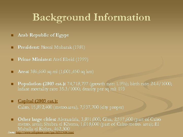 Background Information n Arab Republic of Egypt n President: Hosni Mubarak (1981) n Prime