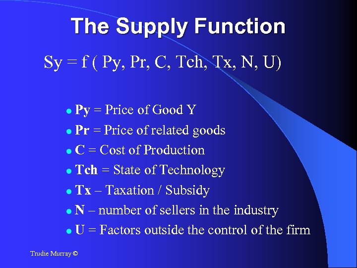 The Supply Function Sy = f ( Py, Pr, C, Tch, Tx, N, U)