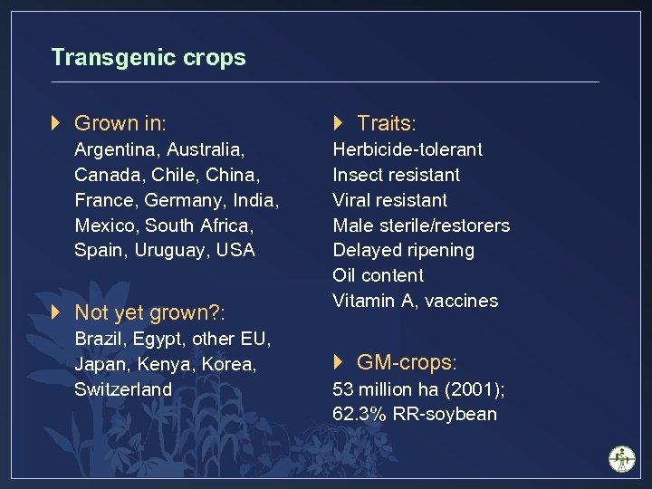 Transgenic crops } Grown in: Argentina, Australia, Canada, Chile, China, France, Germany, India, Mexico,