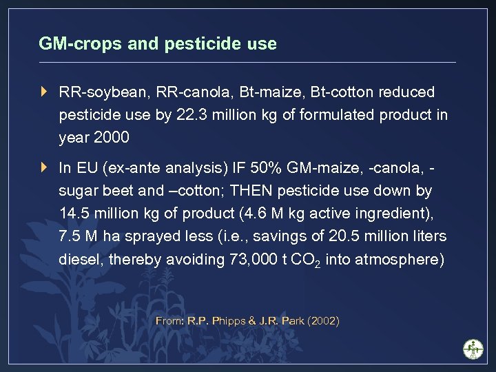 GM-crops and pesticide use } RR-soybean, RR-canola, Bt-maize, Bt-cotton reduced pesticide use by 22.