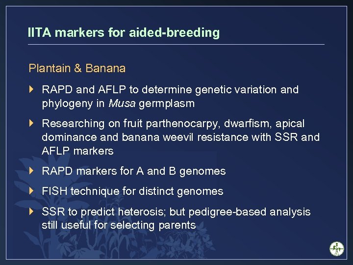 IITA markers for aided-breeding Plantain & Banana } RAPD and AFLP to determine genetic