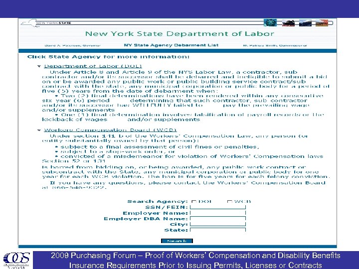 2009 Purchasing Forum – Proof of Workers’ Compensation and Disability Benefits Insurance Requirements Prior
