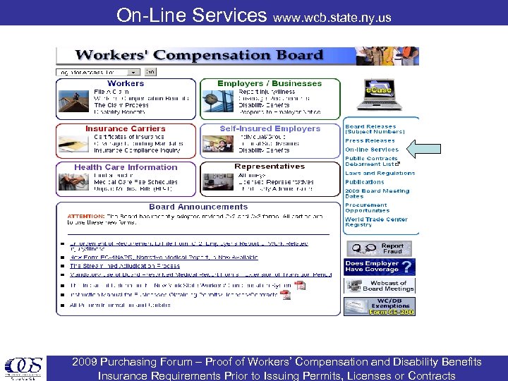 On-Line Services www. wcb. state. ny. us 2009 Purchasing Forum – Proof of Workers’