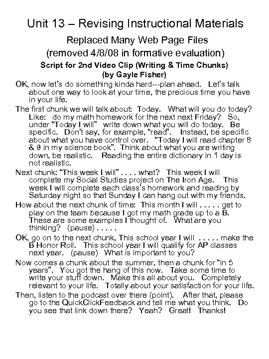 Unit 13 – Revising Instructional Materials Replaced Many Web Page Files (removed 4/8/08 in