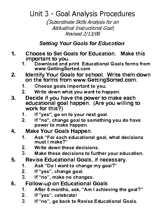 Unit 3 - Goal Analysis Procedures (Subordinate Skills Analysis for an Attitudinal Instructional Goal)