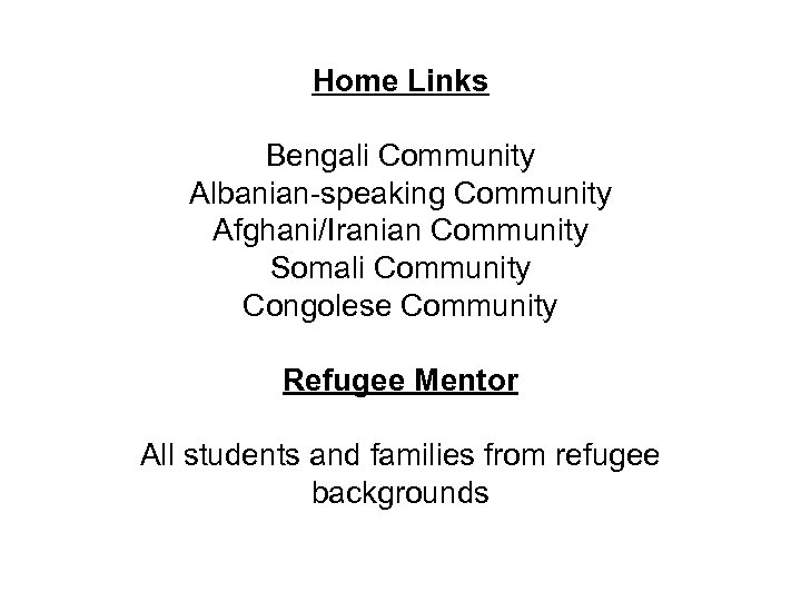Home Links Bengali Community Albanian-speaking Community Afghani/Iranian Community Somali Community Congolese Community Refugee Mentor
