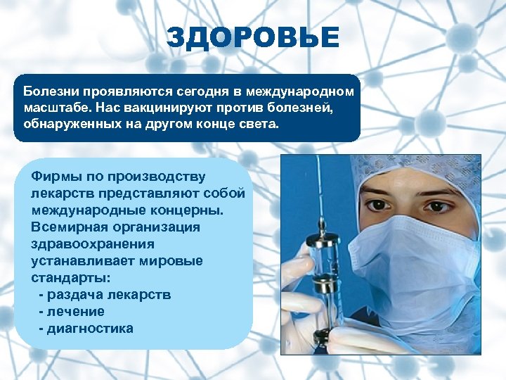 ЗДОРОВЬЕ Болезни проявляются сегодня в международном масштабе. Нас вакцинируют против болезней, обнаруженных на другом