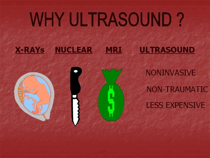 X-RAYs NUCLEAR MRI ULTRASOUND NONINVASIVE NON-TRAUMATIC LESS EXPENSIVE 