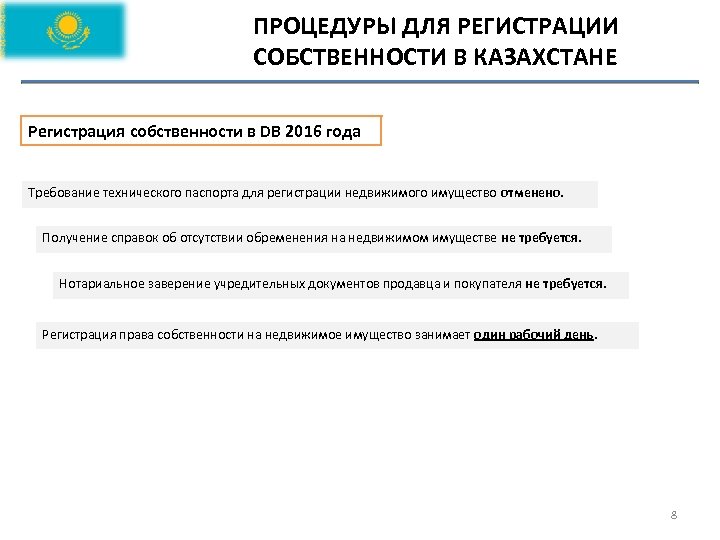 ПРОЦЕДУРЫ ДЛЯ РЕГИСТРАЦИИ СОБСТВЕННОСТИ В КАЗАХСТАНЕ Регистрация собственности в DB 2016 года Требование технического