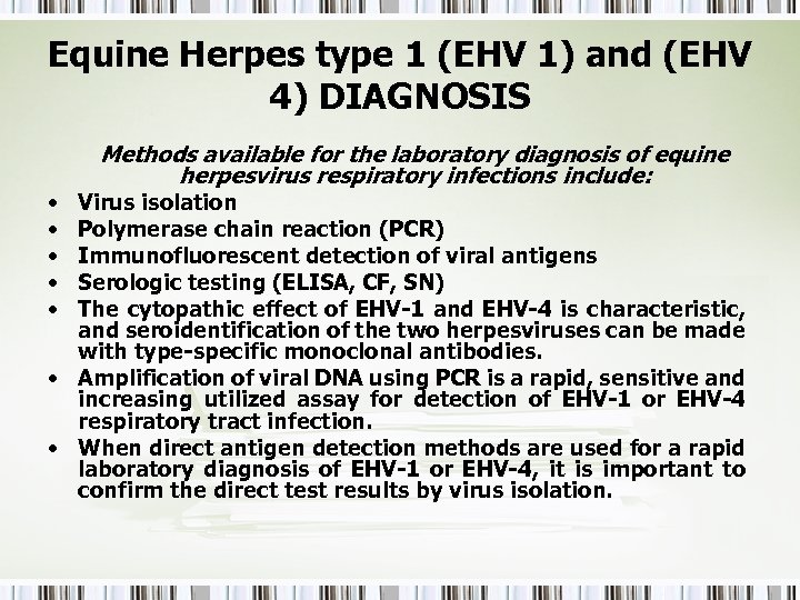 Equine Herpes type 1 (EHV 1) and (EHV 4) DIAGNOSIS • • • Methods