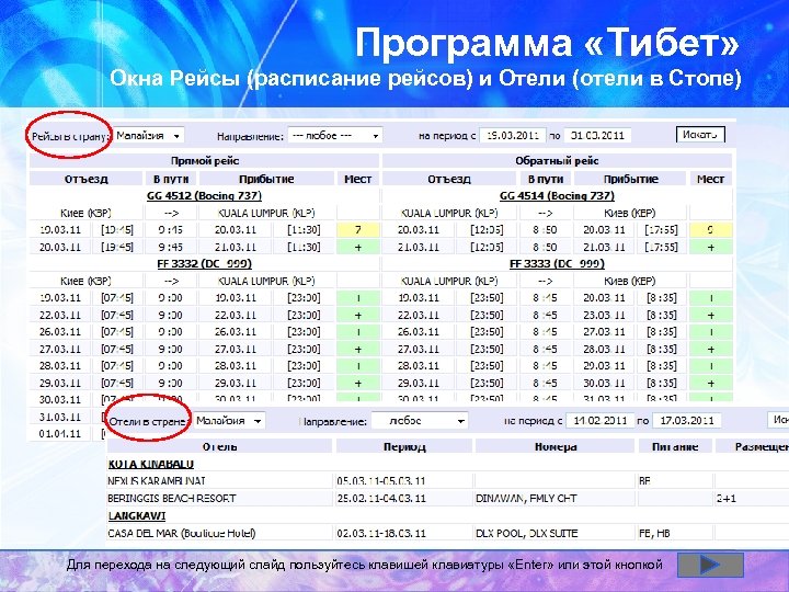 Программа «Тибет» Окна Рейсы (расписание рейсов) и Отели (отели в Стопе) Для перехода на