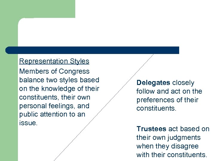Representation Styles Members of Congress balance two styles based on the knowledge of their