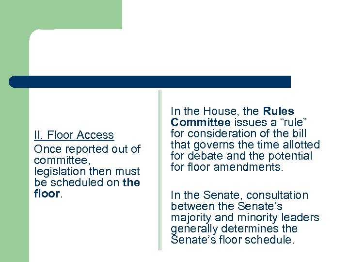 II. Floor Access Once reported out of committee, legislation then must be scheduled on
