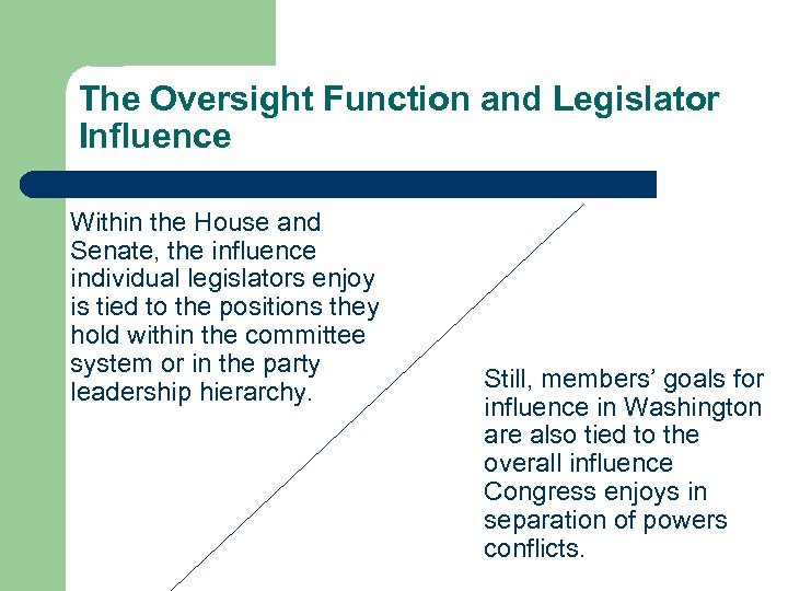 The Oversight Function and Legislator Influence Within the House and Senate, the influence individual