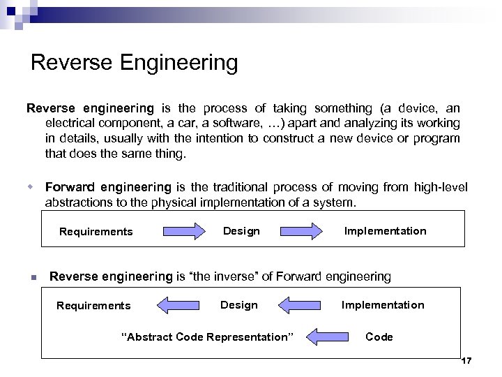 Reverse Engineering Reverse engineering is the process of taking something (a device, an electrical