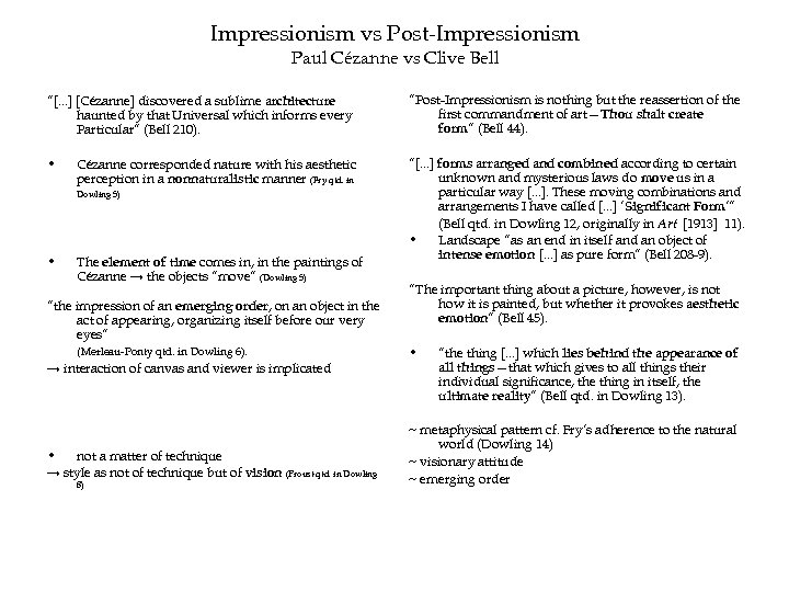 Impressionism vs Post-Impressionism Paul Cézanne vs Clive Bell ”[. . . ] [Cézanne] discovered