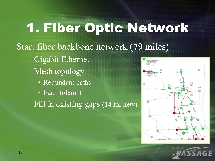 1. Fiber Optic Network Start fiber backbone network (79 miles) – Gigabit Ethernet –