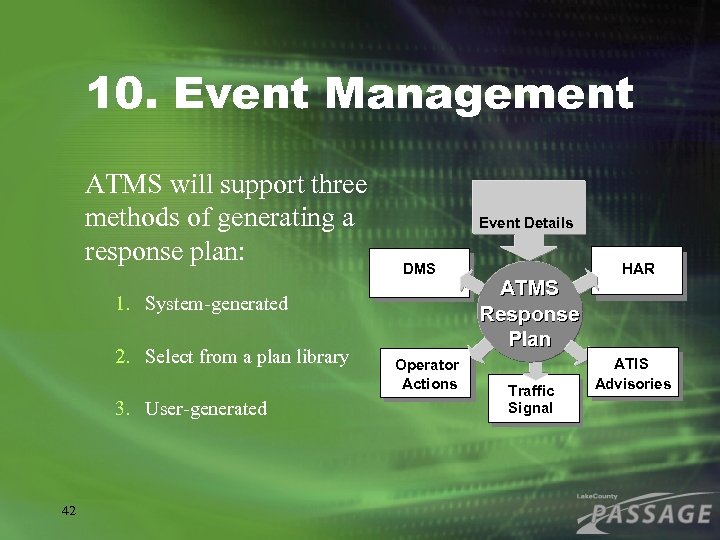 10. Event Management ATMS will support three methods of generating a response plan: 1.