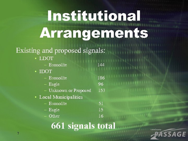 Institutional Arrangements Existing and proposed signals: • LDOT – Econolite 144 • IDOT –