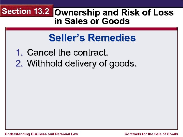 Section 13. 2 Ownership and Risk of Loss in Sales or Goods Seller’s Remedies