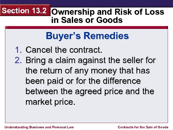 Section 13. 2 Ownership and Risk of Loss in Sales or Goods Buyer’s Remedies