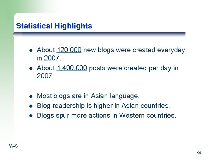 Statistical Highlights l l l About 120, 000 new blogs were created everyday in