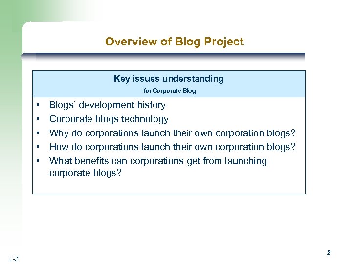 Overview of Blog Project Key issues understanding for Corporate Blog • • • L-Z