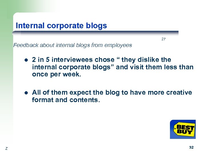 Internal corporate blogs 27 Feedback about internal blogs from employees l l Z 2