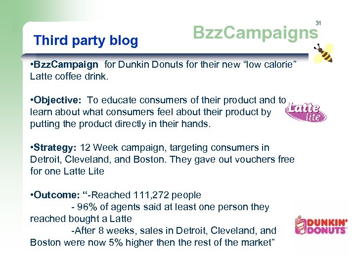 31 Third party blog Bzz. Campaigns • Bzz. Campaign for Dunkin Donuts for their