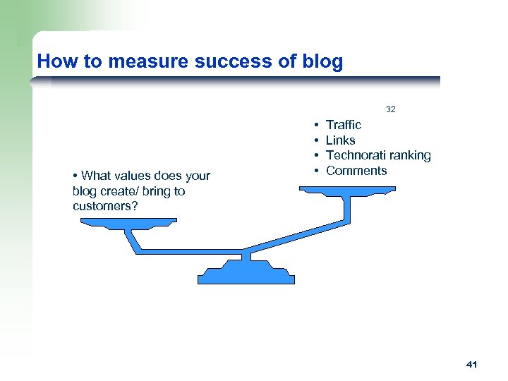 How to measure success of blog 32 • What values does your blog create/