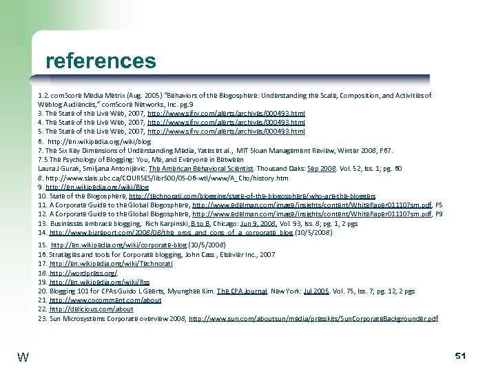 references 1. 2. com. Score Media Metrix (Aug. 2005) “Behaviors of the Blogosphere: Understanding