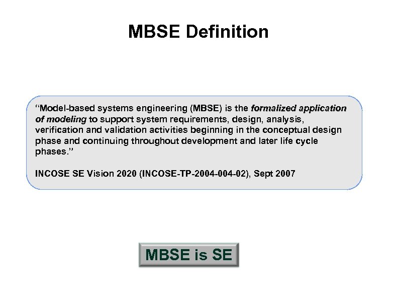 MBSE Definition “Model-based systems engineering (MBSE) is the formalized application of modeling to support