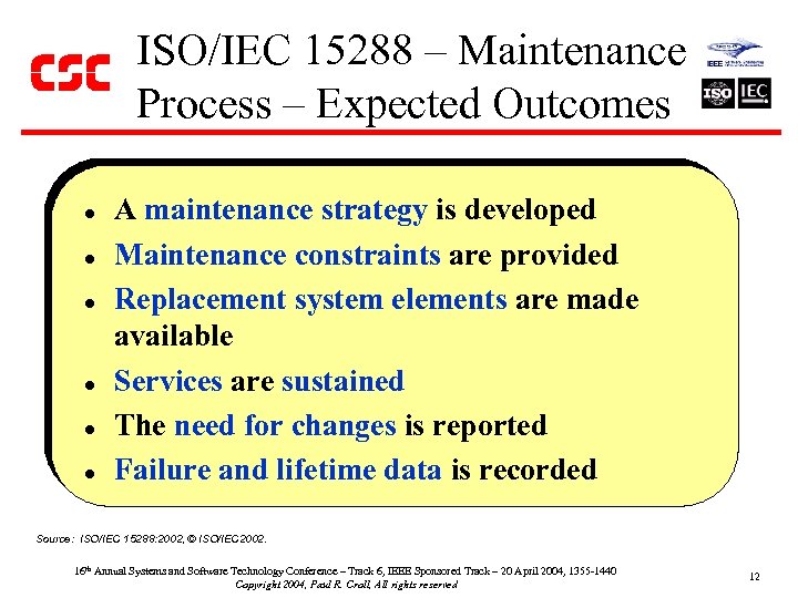 ISO/IEC 15288 – Maintenance Process – Expected Outcomes l l l A maintenance strategy
