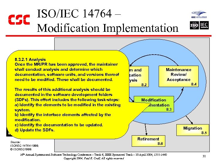 ISO/IEC 14764 – Modification Implementation Process 8. 3. 2. 1 Analysis Implementation Once the