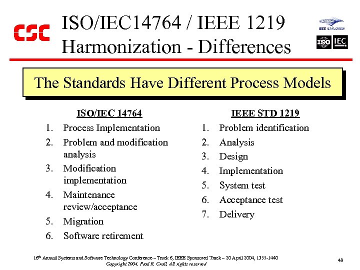 ISO/IEC 14764 / IEEE 1219 Harmonization - Differences The Standards Have Different Process Models