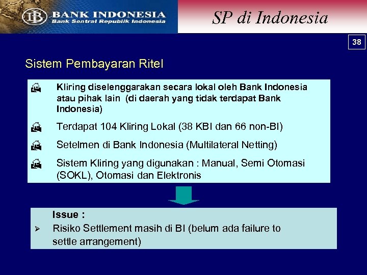 SP di Indonesia 38 38 Sistem Pembayaran Ritel H Kliring diselenggarakan secara lokal oleh