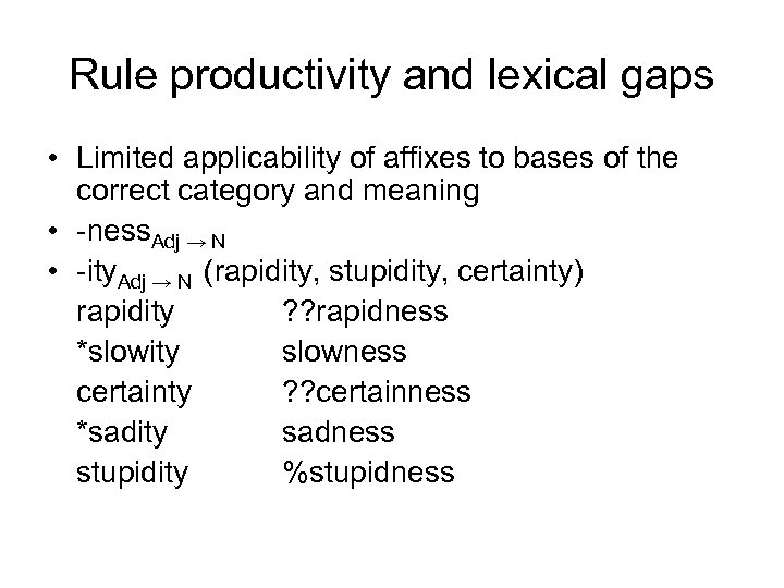 Rule productivity and lexical gaps • Limited applicability of affixes to bases of the