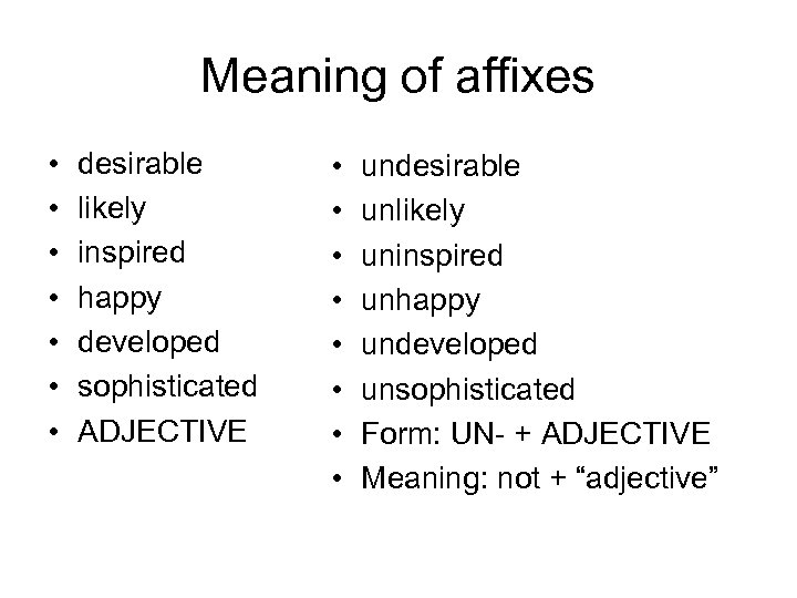 Meaning of affixes • • desirable likely inspired happy developed sophisticated ADJECTIVE • •