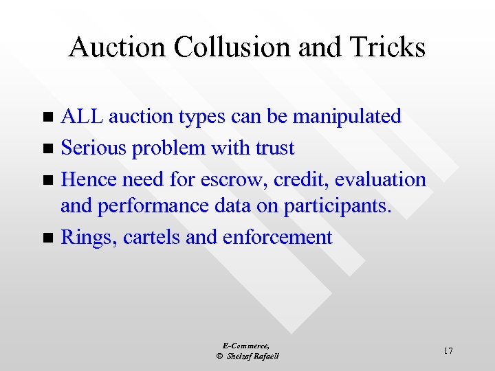 Auction Collusion and Tricks ALL auction types can be manipulated n Serious problem with