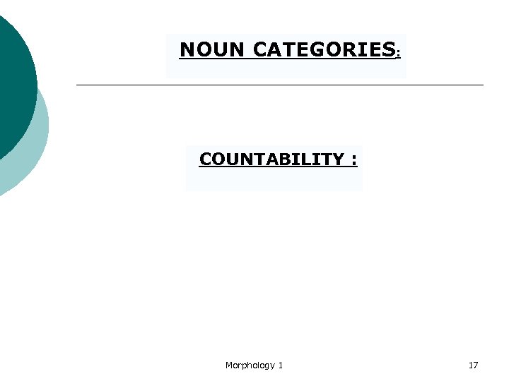 NOUN CATEGORIES: COUNTABILITY : Morphology 1 17 