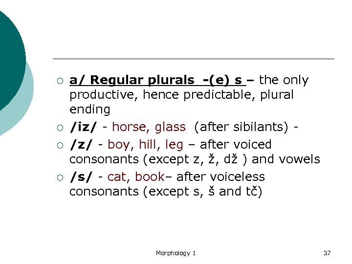 ¡ ¡ a/ Regular plurals -(e) s – the only productive, hence predictable, plural