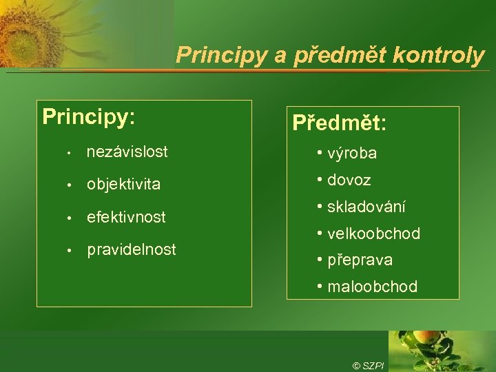 Principy a předmět kontroly Principy: Předmět: • nezávislost • výroba • objektivita • dovoz
