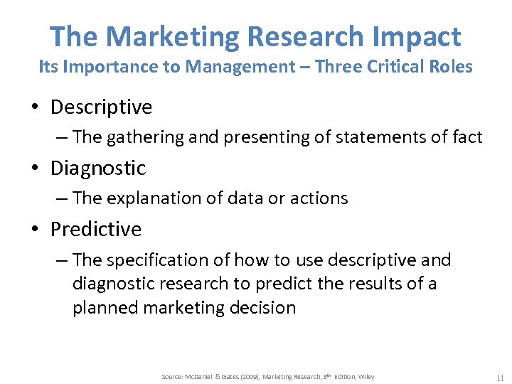 The Marketing Research Impact Its Importance to Management – Three Critical Roles • Descriptive