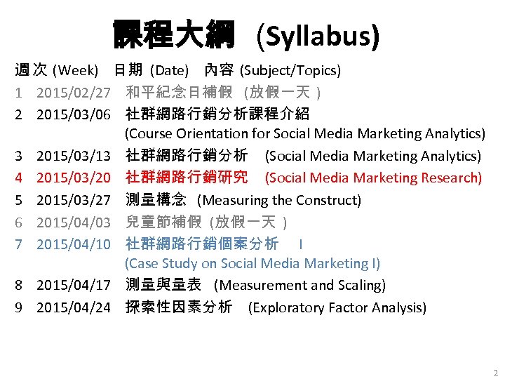 課程大綱 (Syllabus) 週 次 (Week) 日期 (Date) 內容 (Subject/Topics) 1 2015/02/27 和平紀念日補假 (放假一天 )